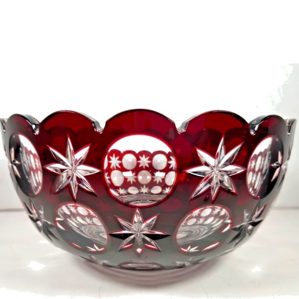 vintage Bohemian hand-cut crystal bowl with a ruby red clear glass finish.